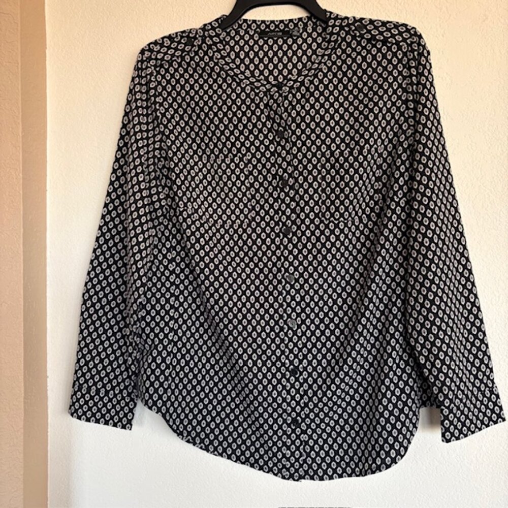 Apt. 9 Womens Long Sleeve Black Gray White PL Geometric Design Button Blouse